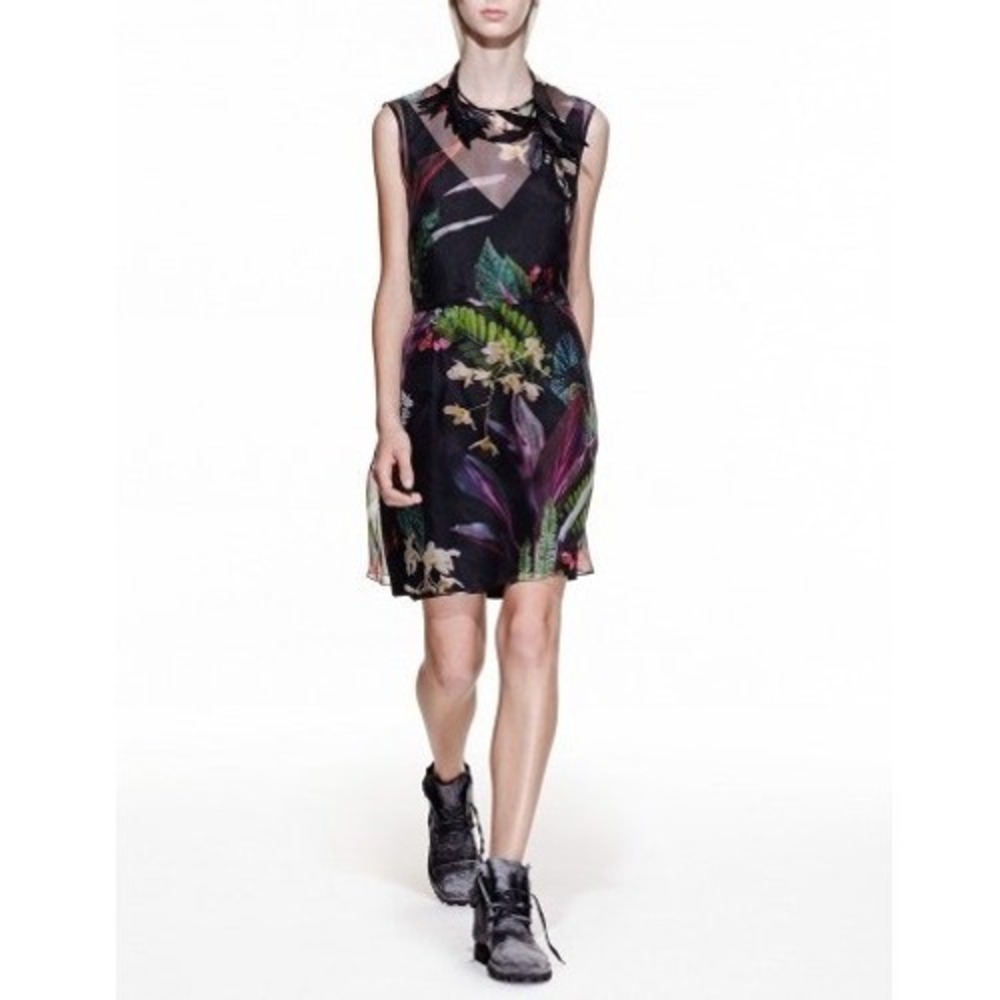 Sleeveless Black Floral Mini Dress with Tropical Print